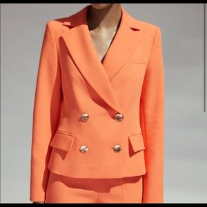 ZARA Double-Breasted Cropped Blazer in Tangerine with Gold Buttons. Medium.